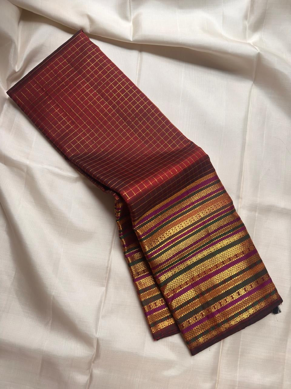 Deep cocoa maroon handwoven pure silk Kanjivaram saree, full saree draped view