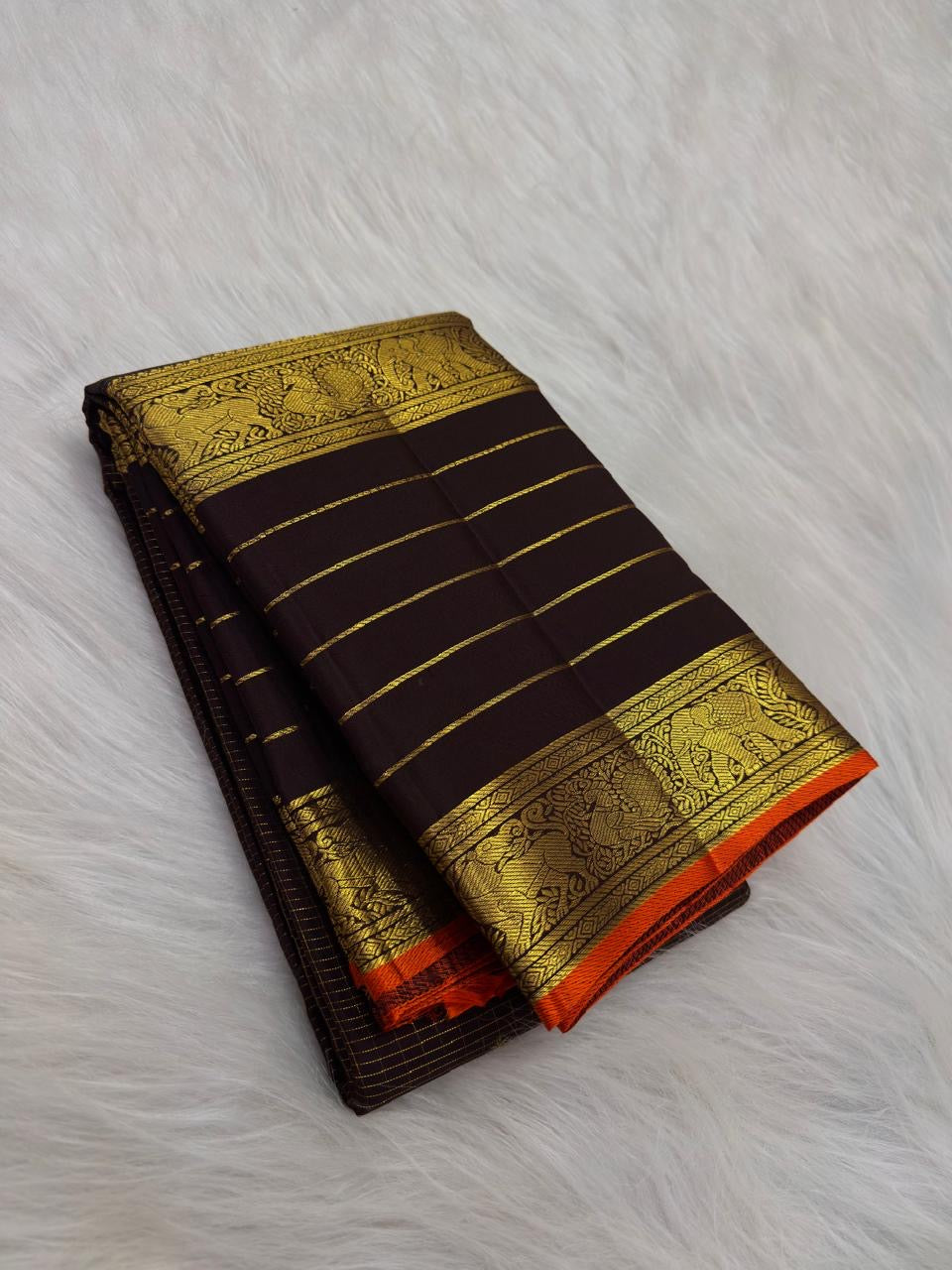 Deep Coffee Brown Handwoven Pure Silk Kancheepuram Saree with Zari Kattam Floral Butta and Vanasringaram Yaanai Border