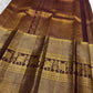 Deep Maroon Brown pure silk Kanjivaram Zari Kattam saree with broad antique-gold elephant border.
