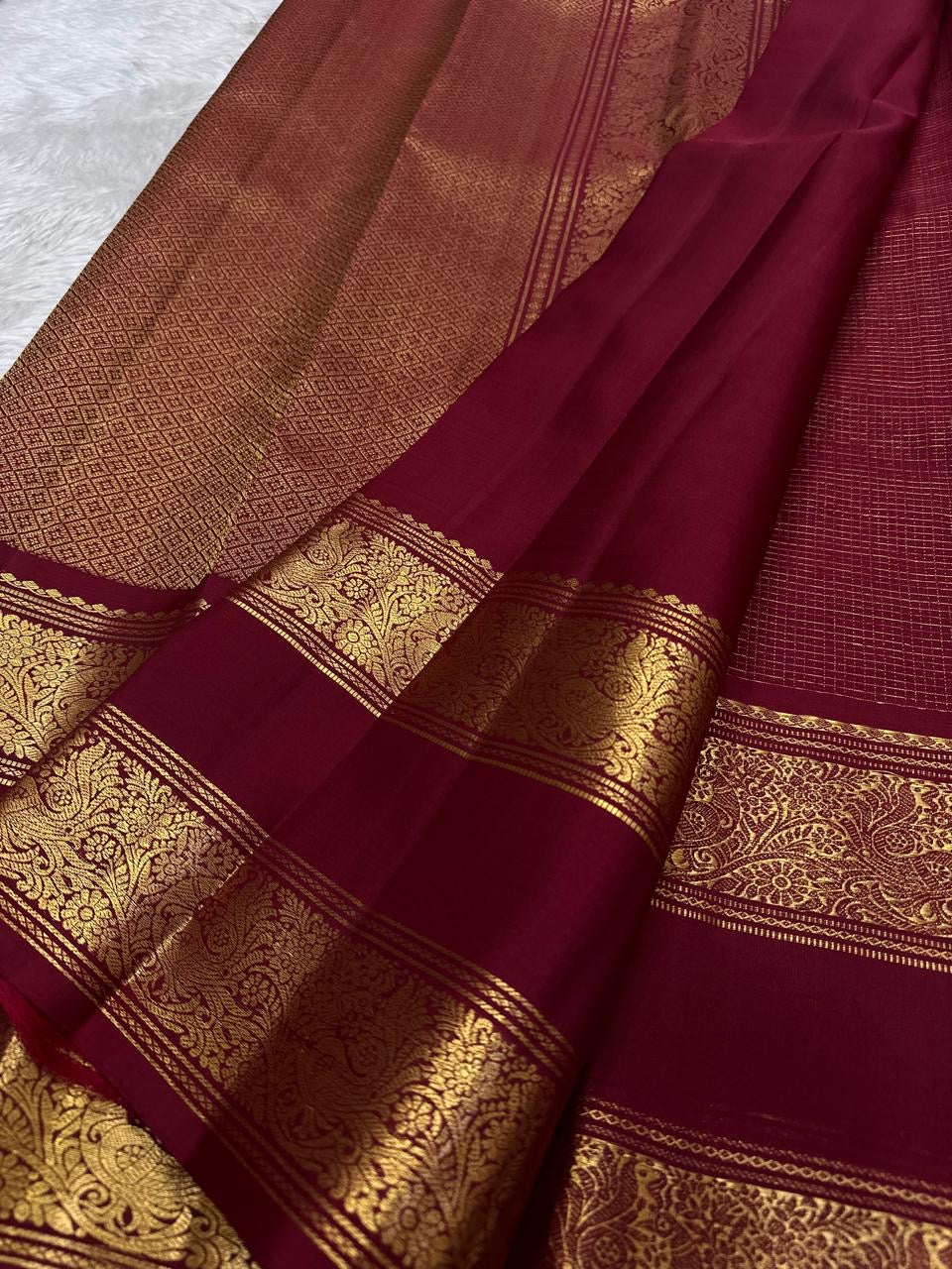 Deep Maroon Handwoven Pure Silk Kanjivaram Saree with Zari Kattam Butta and Vanasringaram Floral Border