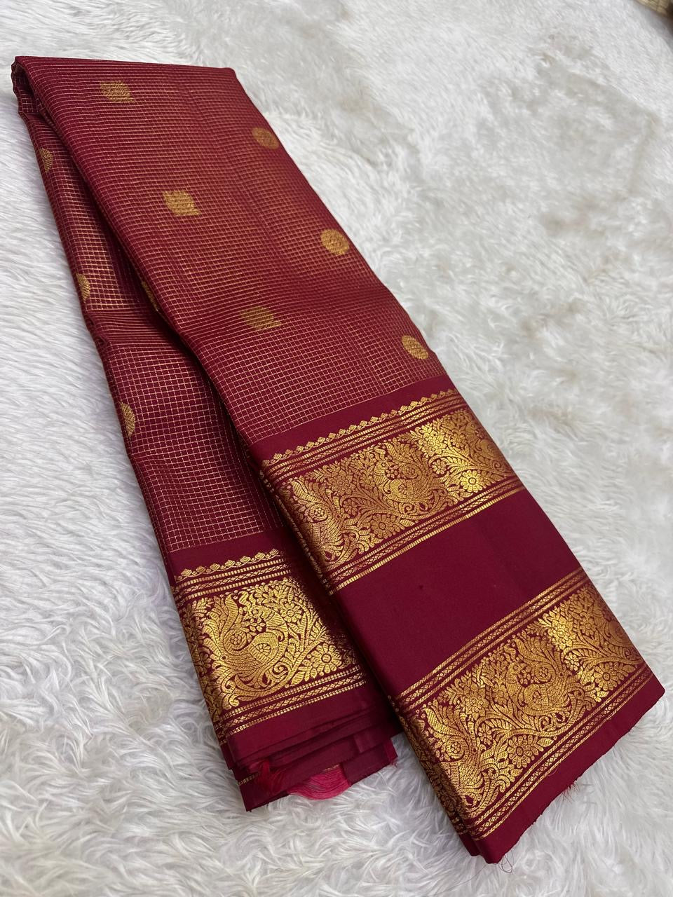 Deep Maroon Handwoven Pure Silk Kanjivaram Saree with Zari Kattam Butta and Vanasringaram Floral Border