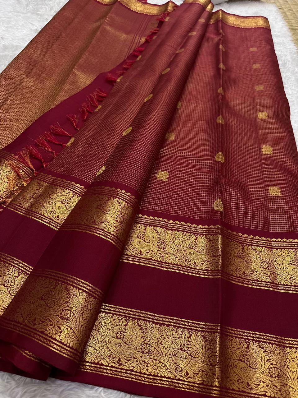 Deep Maroon Handwoven Pure Silk Kanjivaram Saree with Zari Kattam Butta and Vanasringaram Floral Border