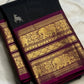 Deep Midnight Black Pure Silk Kanchi Pattu Saree — full saree overview, Varisaipet weave with elephant-deer border — Idam Living