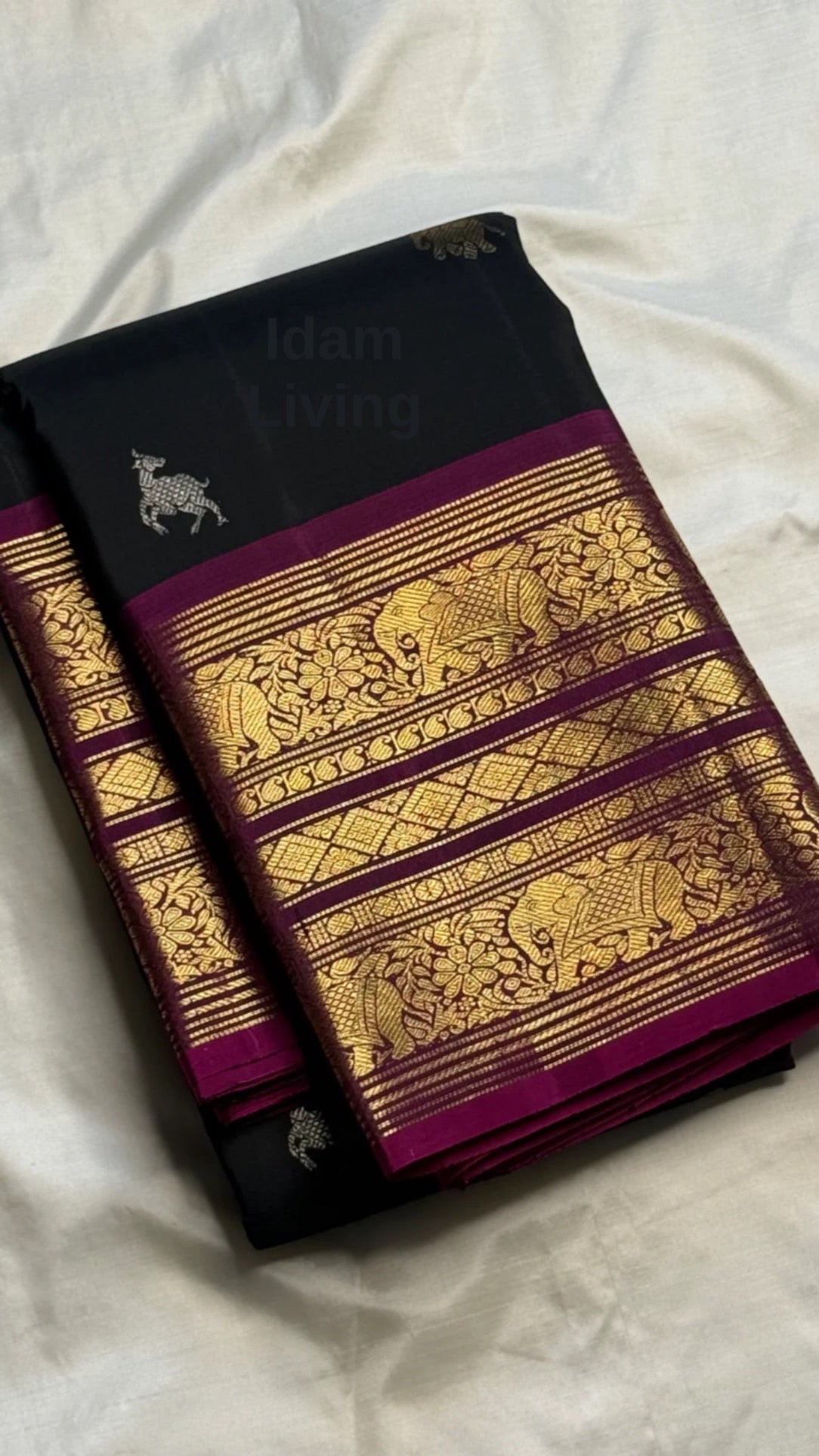 Deep Midnight Black Pure Silk Kanchi Pattu Saree — full saree overview, Varisaipet weave with elephant-deer border — Idam Living
