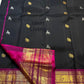 Deep Midnight Black Kanchi Pattu Saree — magenta Varisaipet border with Yaanai elephant and Maan deer motifs