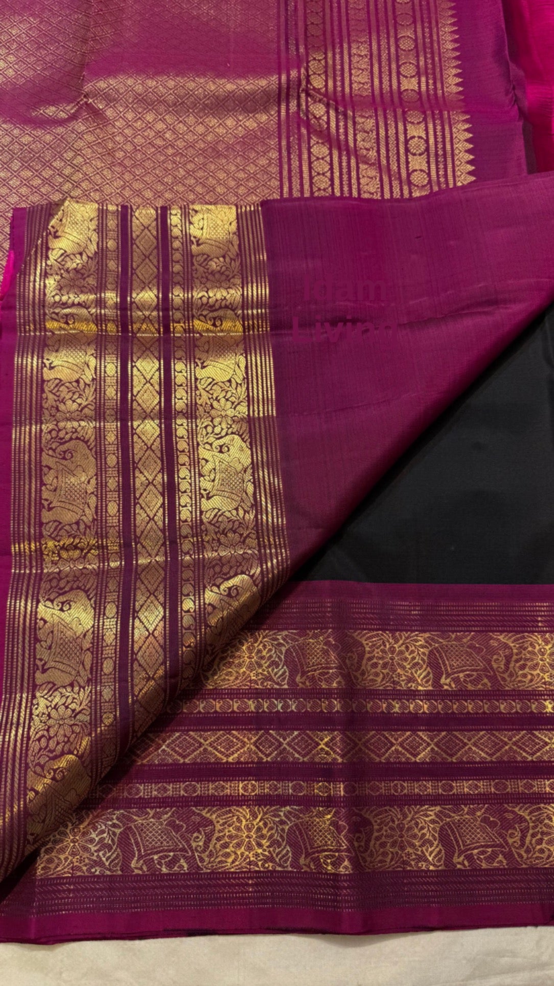Deep Midnight Black Kanchi Pattu Saree — pallu detail with magenta Vanasringaram motifs