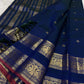 Deep Navy Blue Handwoven Pure Silk Kanchipuram Saree with Rettapet Mayil Zari Border and Orange-Red Selvedge
