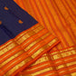 Deep Navy Blue Pure Silk Kanjivaram Korvai saree with radiant orange border