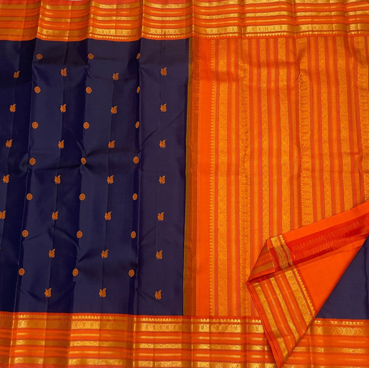 Deep Navy Blue Kanjivaram saree with alternating 2-gram thread zari buttas