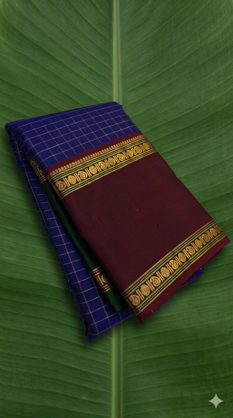 Jewel Blue and Deep Vermillion Handwoven Pure Silk Kanjivaram Saree with Rettapet Border and Zari Kattam
