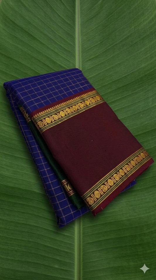 Jewel Blue and Deep Vermillion Handwoven Pure Silk Kanjivaram Saree with Rettapet Border and Zari Kattam