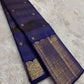 Deep Neelam Blue Pure Silk Kanchipuram Zari Kattam saree with classic-gold border.