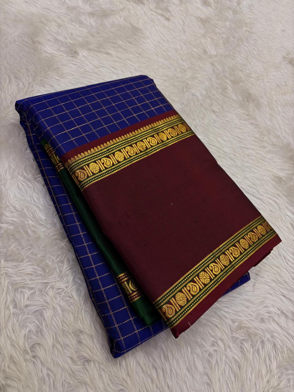 Jewel Blue and Deep Vermillion Handwoven Pure Silk Kanjivaram Saree with Rettapet Border and Zari Kattam