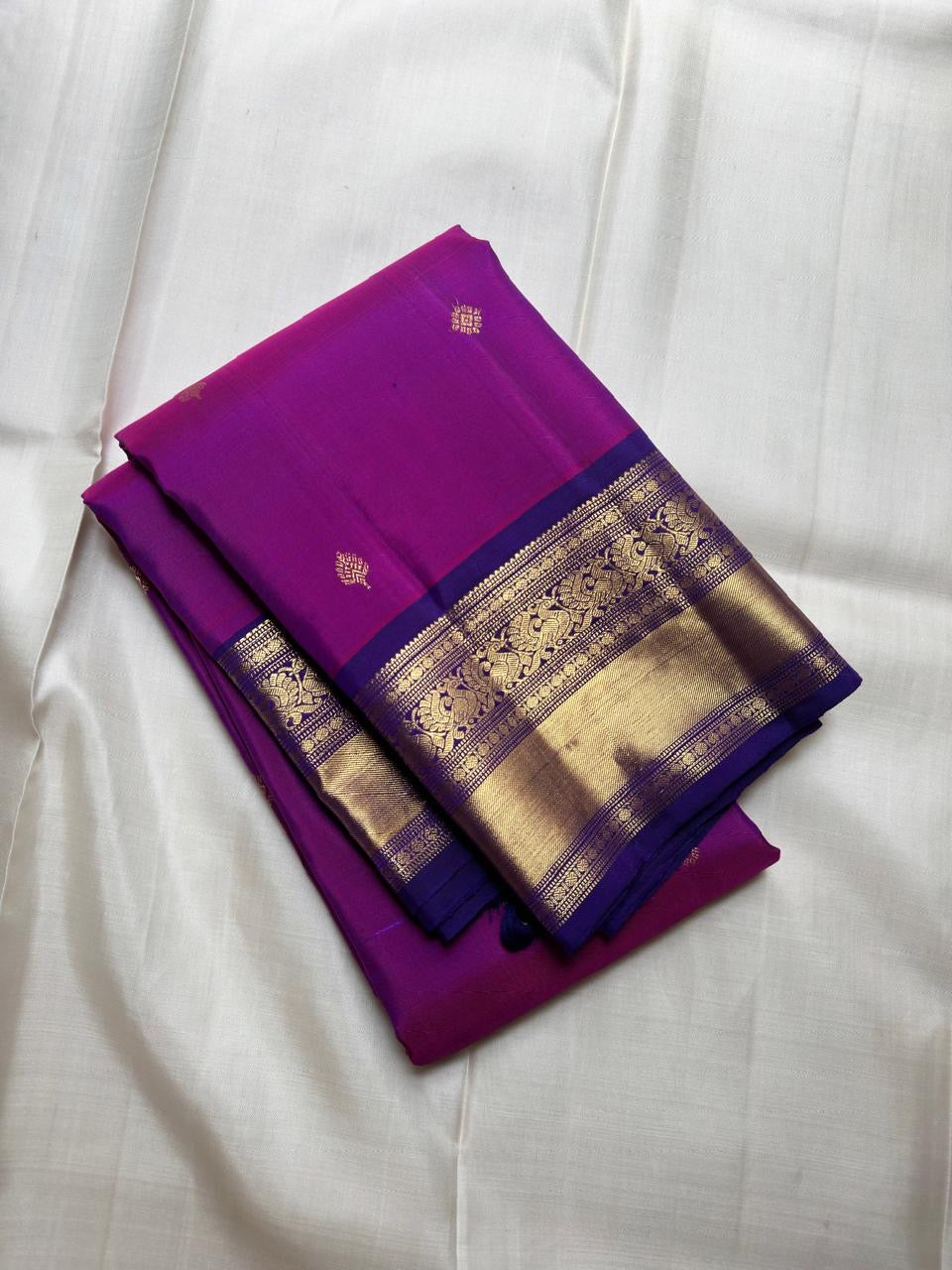 Deep Neelam blue-purple Kanchipuram border with broad classic-gold zari and floral-vine detailing.