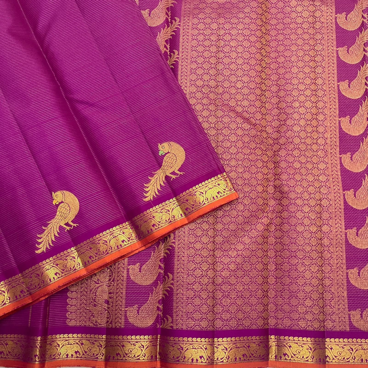 Deep Violet Handwoven Pure Silk Kanjivaram Vairaoosi Saree with Peacock Motif