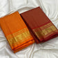 Warm gold floral medallions on Deep Saffron Orange handwoven Kanchipuram silk.