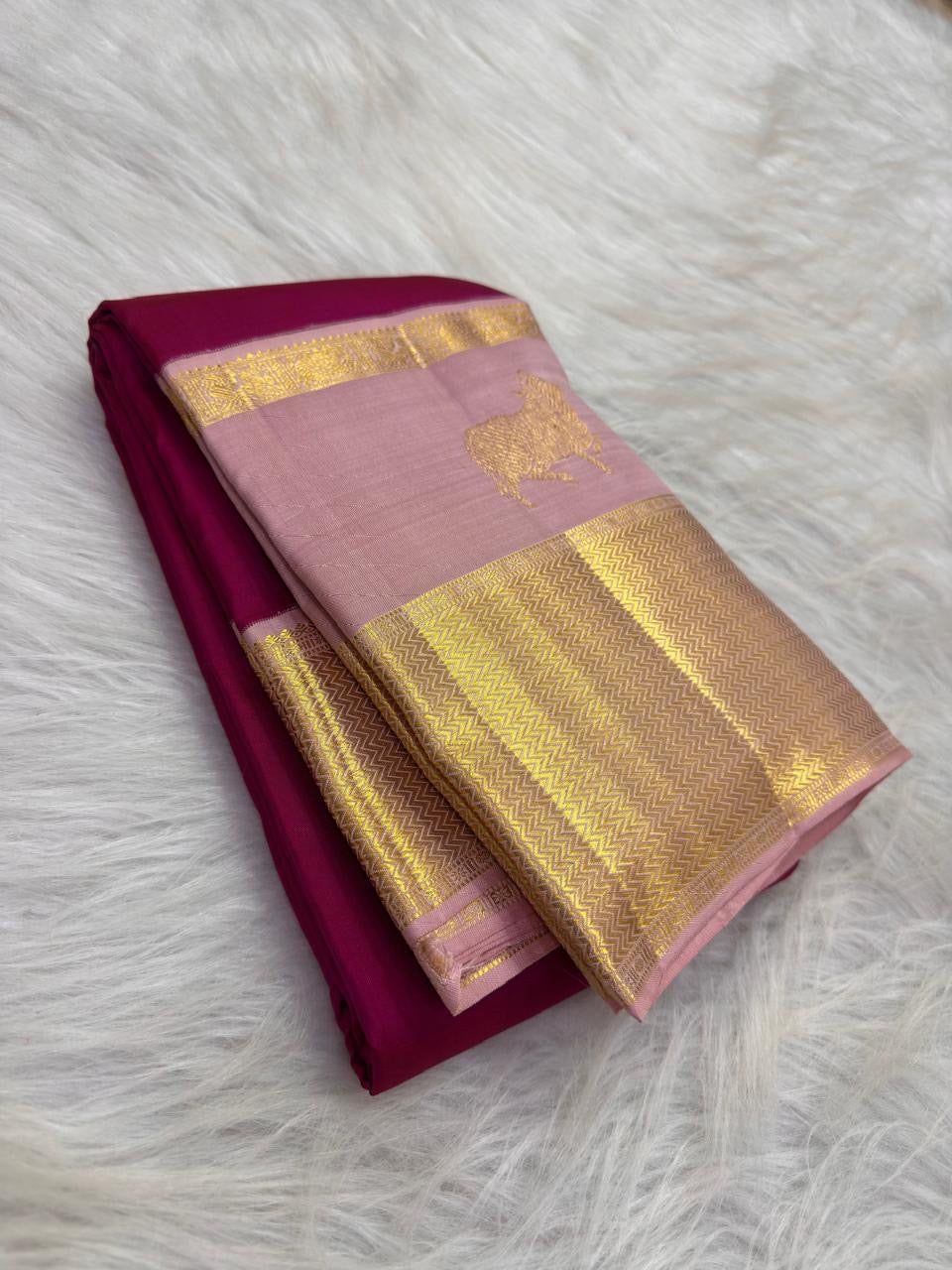 Deep Raspberry Pink Handwoven Pure Silk Kanjeevaram Korvai Saree with Blush Pink Gold Zari Border
