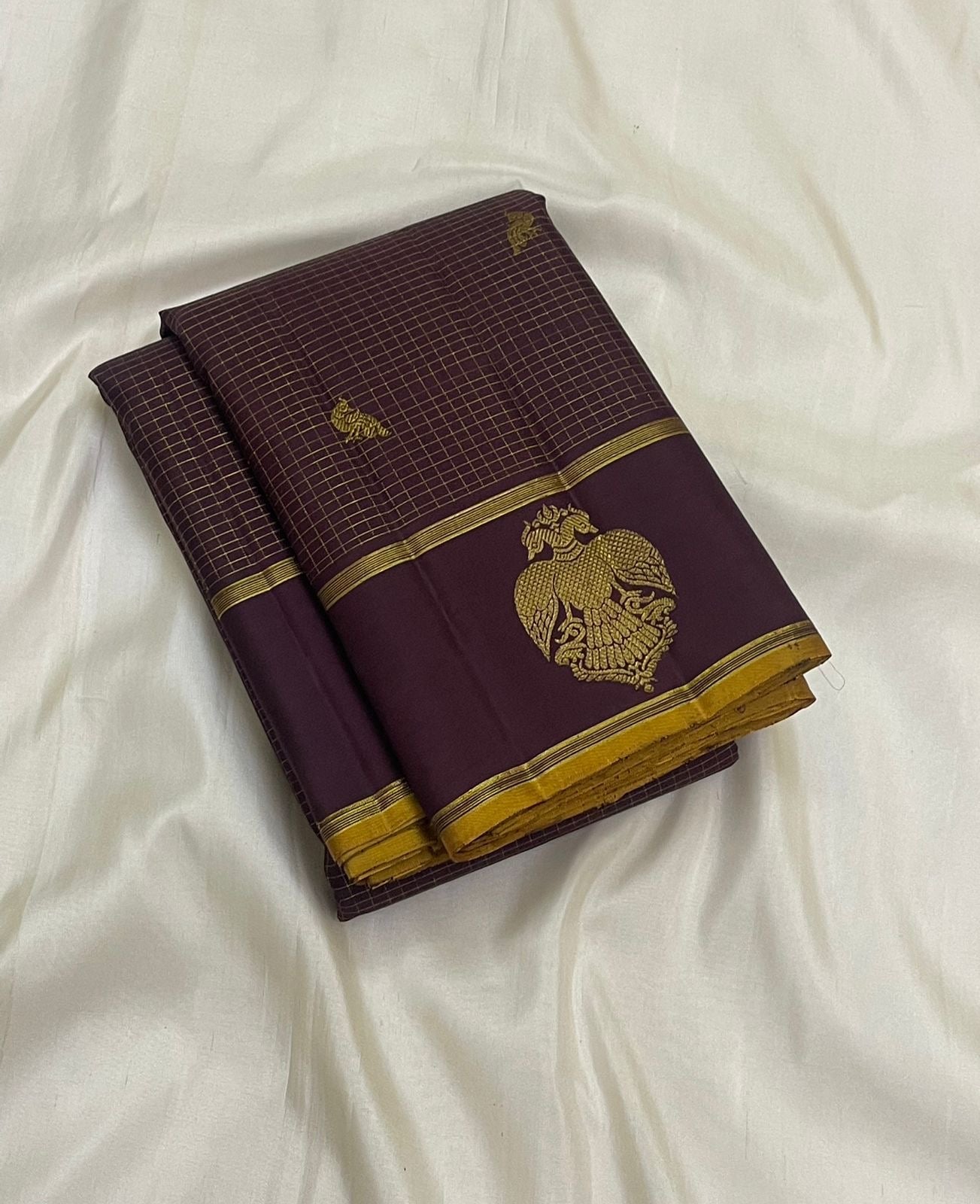 Deep Plum and Marigold Handwoven Pure Silk Kancheepuram Saree with Gandaberunda Butta Border