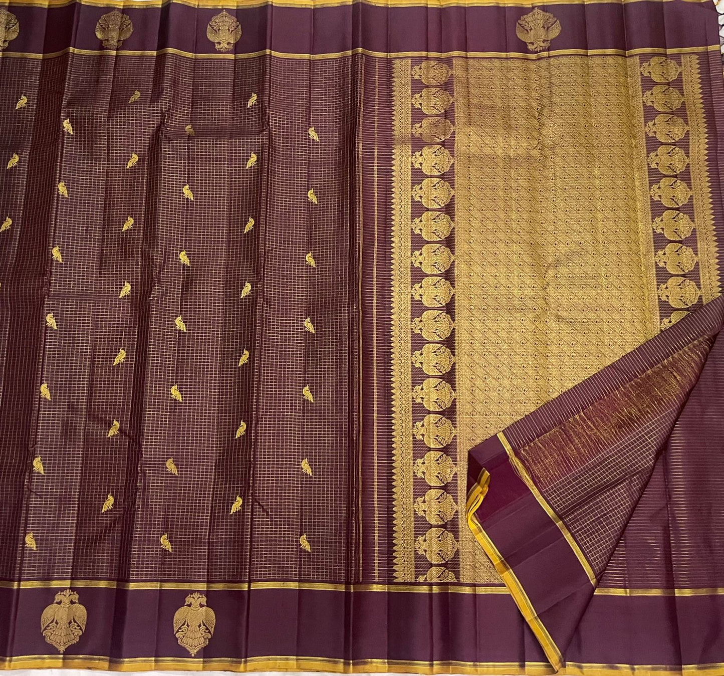Deep Plum and Marigold Handwoven Pure Silk Kancheepuram Saree with Gandaberunda Butta Border