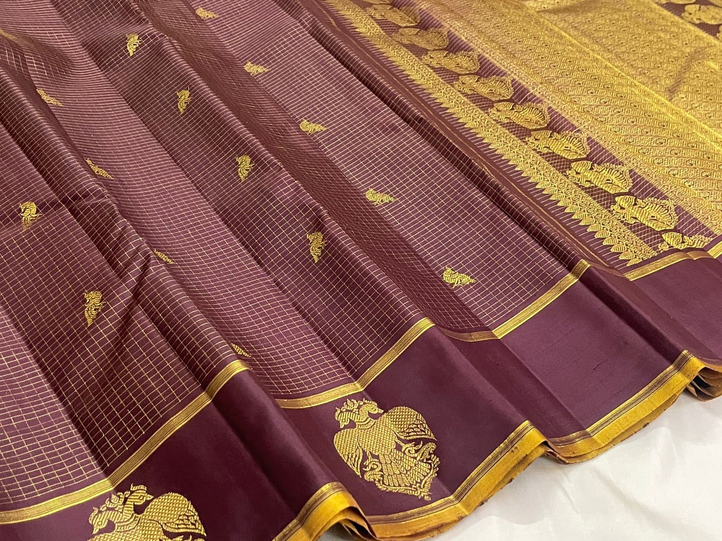 Deep Plum and Marigold Handwoven Pure Silk Kancheepuram Saree with Gandaberunda Butta Border