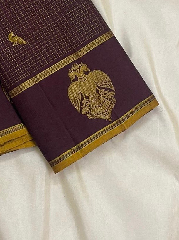 Deep Plum and Marigold Handwoven Pure Silk Kancheepuram Saree with Gandaberunda Butta Border