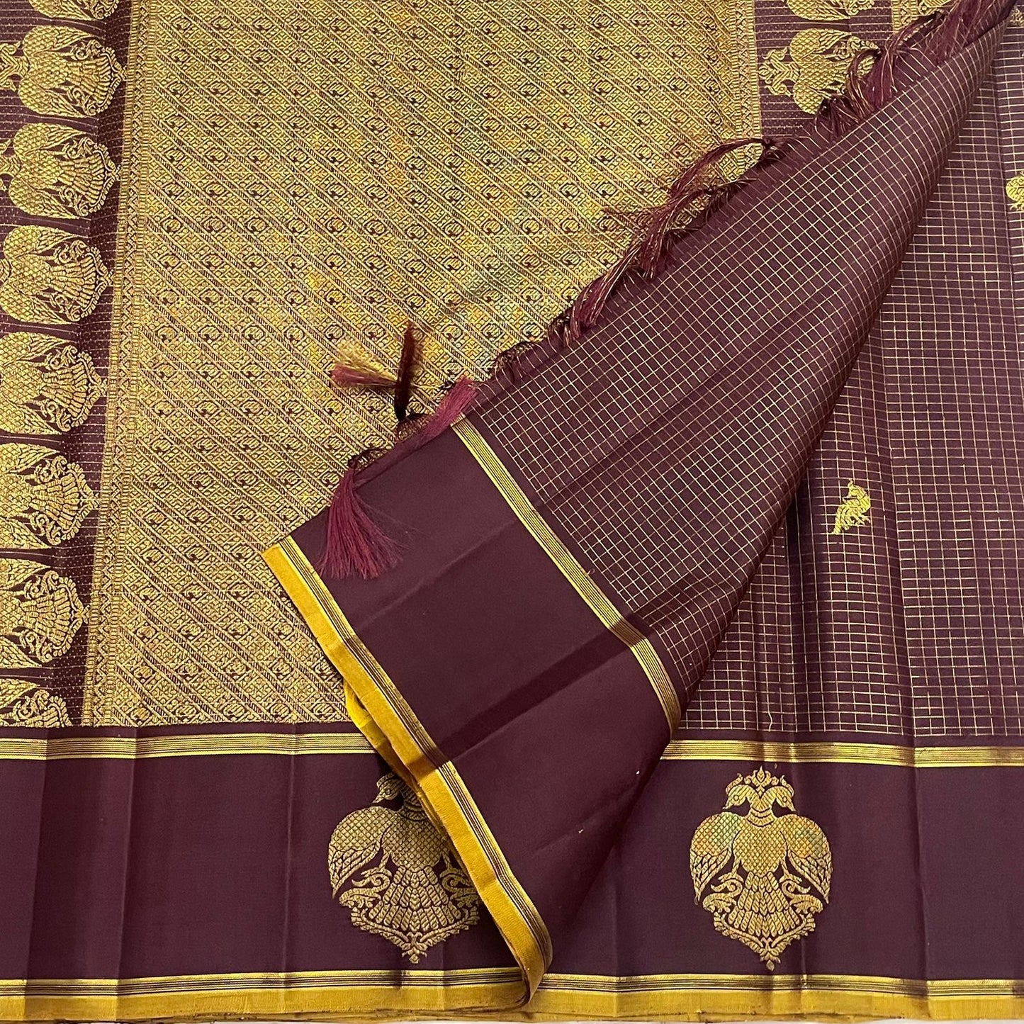 Deep Plum and Marigold Handwoven Pure Silk Kancheepuram Saree with Gandaberunda Butta Border