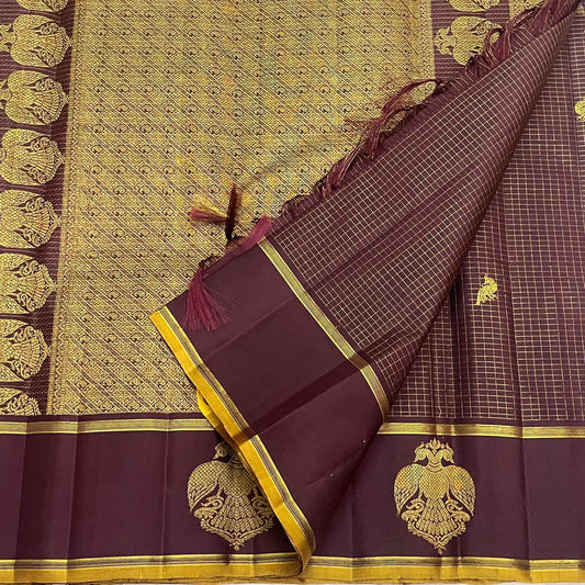 Deep Plum and Marigold Handwoven Pure Silk Kancheepuram Saree with Gandaberunda Butta Border