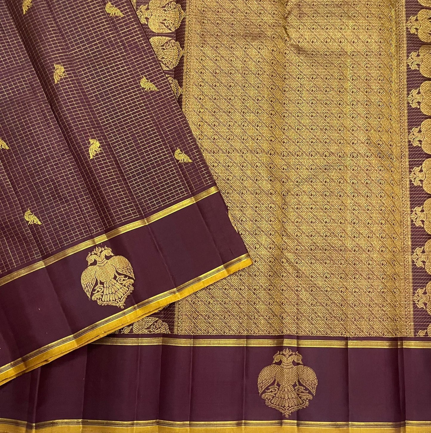 Deep Plum and Marigold Handwoven Pure Silk Kancheepuram Saree with Gandaberunda Butta Border