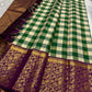 Betel Leaf Green Checked Handwoven Pure Silk Kancheepuram Saree with Deep Plum Korvai Vanasringaram Pallu