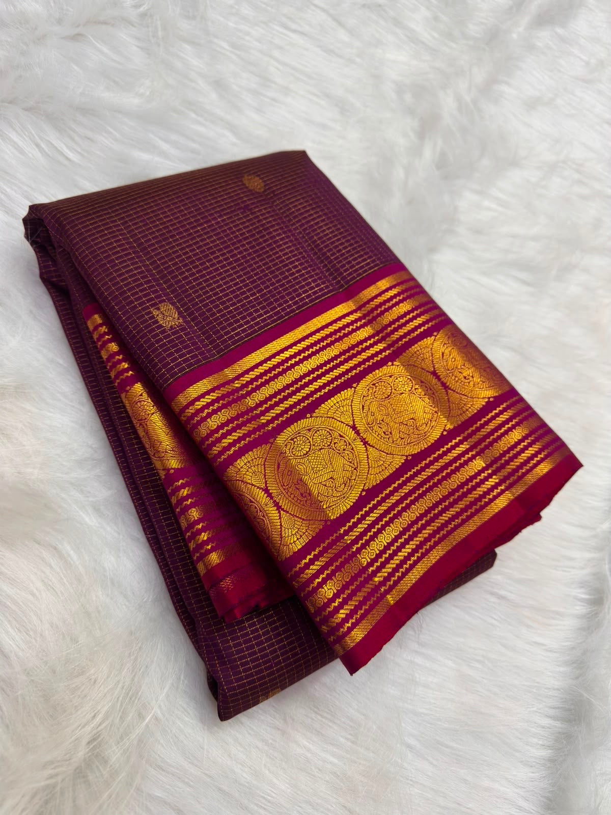 Zari kattam kamalam butta body on deep plum Kanchipuram pure silk saree — Idam Living