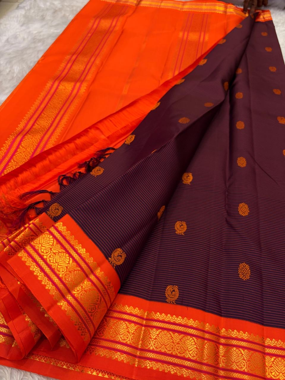 Deep Plum Handwoven Pure Silk Kanchipuram Saree with Orange Border Mayil Chakram Butta