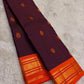 Deep Plum Handwoven Pure Silk Kanchipuram Saree with Orange Border Mayil Chakram Butta