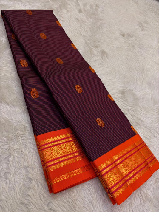 Deep Plum Handwoven Pure Silk Kanchipuram Saree with Orange Border Mayil Chakram Butta