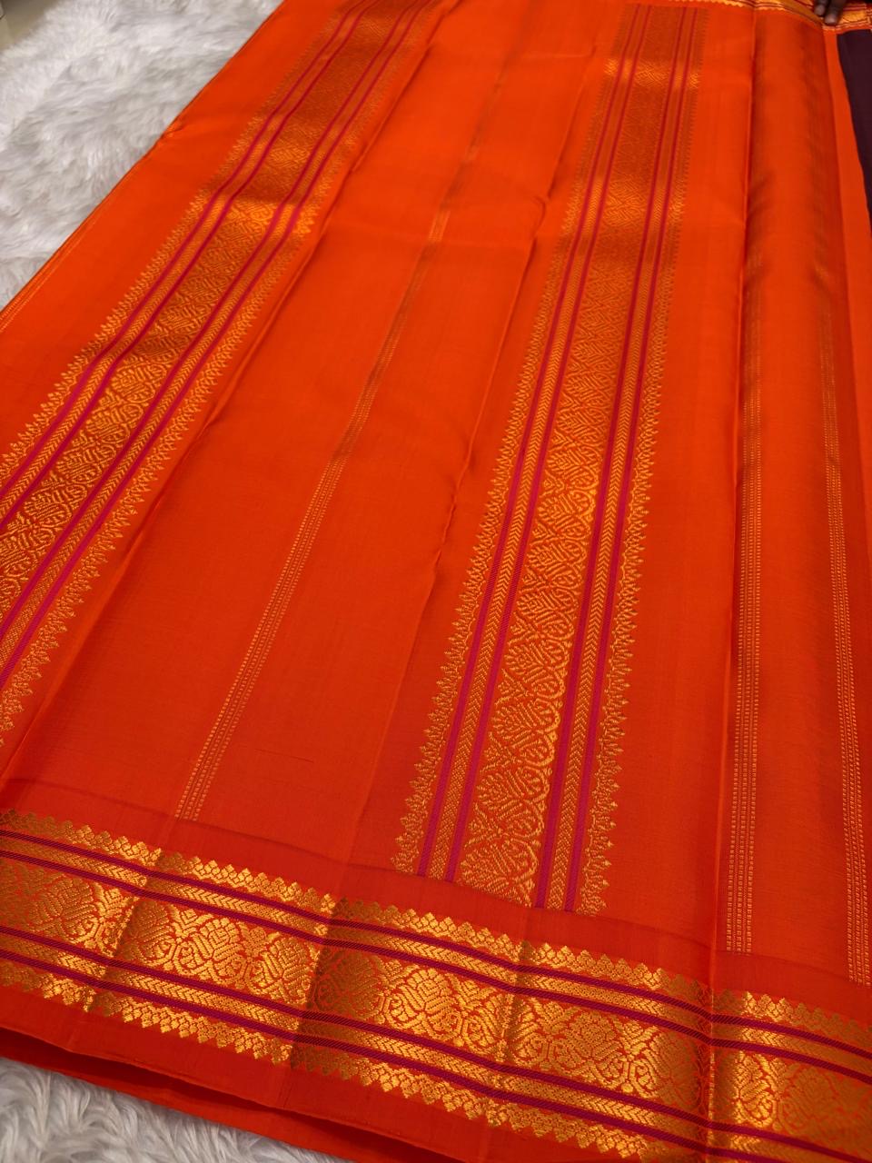 Deep Plum Handwoven Pure Silk Kanchipuram Saree with Orange Border Mayil Chakram Butta