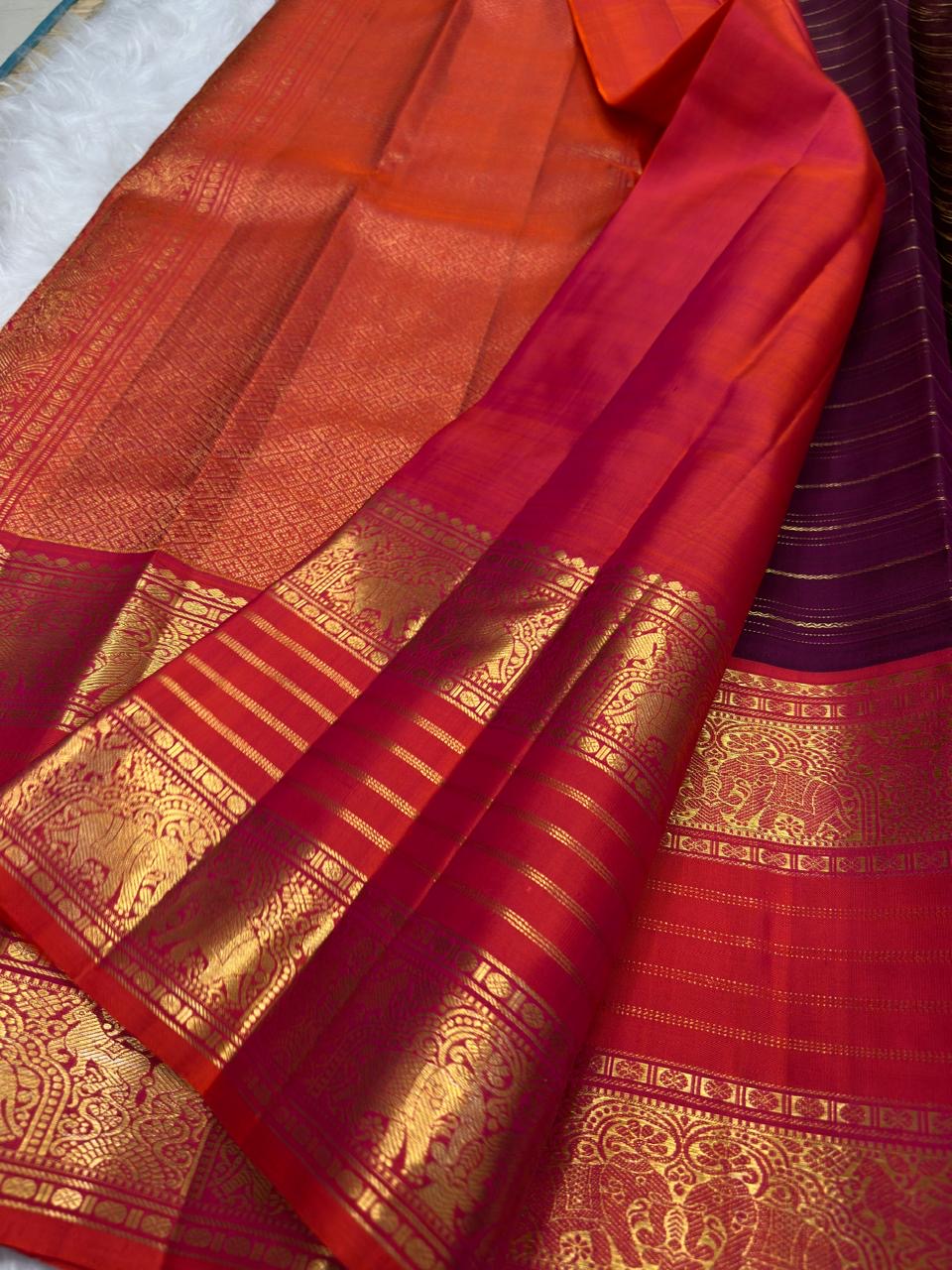 Deep Plum Handwoven Pure Silk Kanchipuram Zari Kattam Saree with Vermilion Elephant Zari Border – front full drape view
