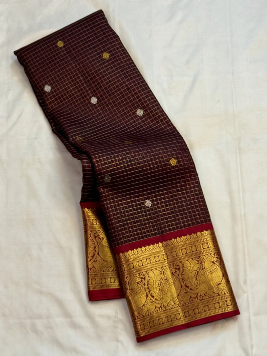 Deep brown and maroon handwoven Kanjivaram Zari Kattam pure silk saree with gold zari checks