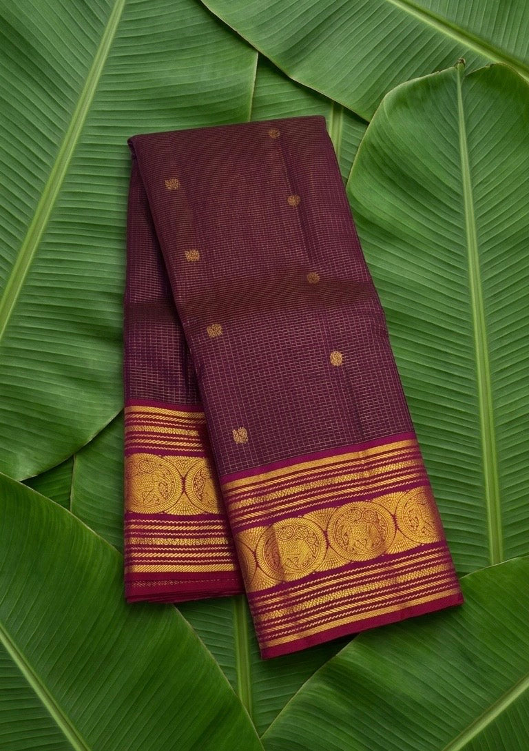 Deep plum handwoven Kancheepuram pure silk saree with zari kattam body and sorgavasal peacock magenta korvai border — Idam Living