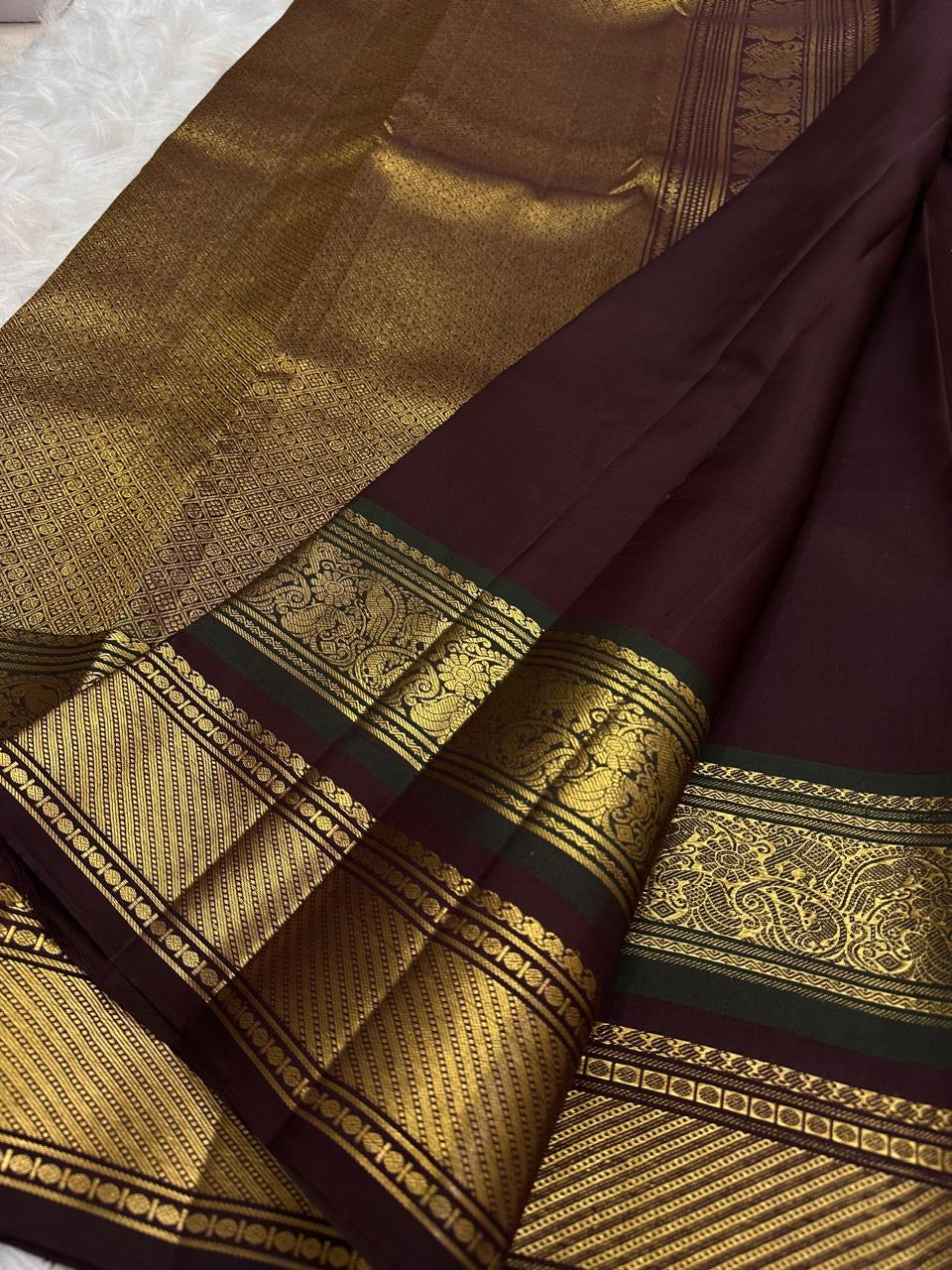 Deep Plum Handwoven Pure Silk Kancheepuram Saree with Rettapet Heritage Motif Border