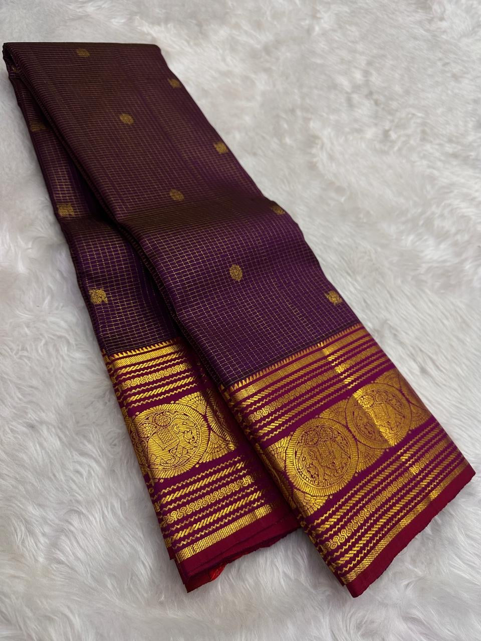 Deep Plum Purple Pure Silk Kanjivaram Zari Kattam Saree - front view
