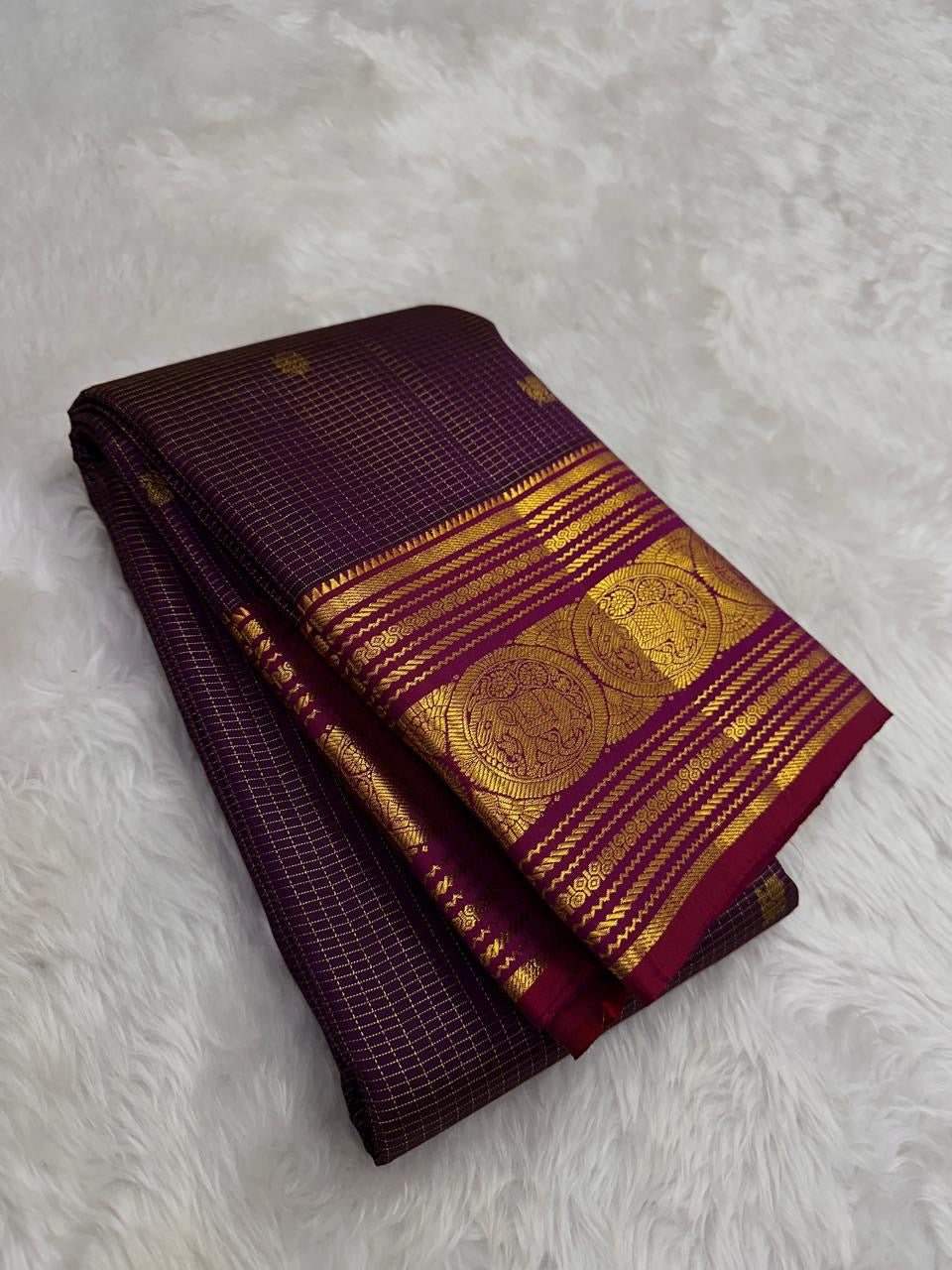Deep Plum Purple Pure Silk Kanjivaram Zari Kattam Saree - full saree view