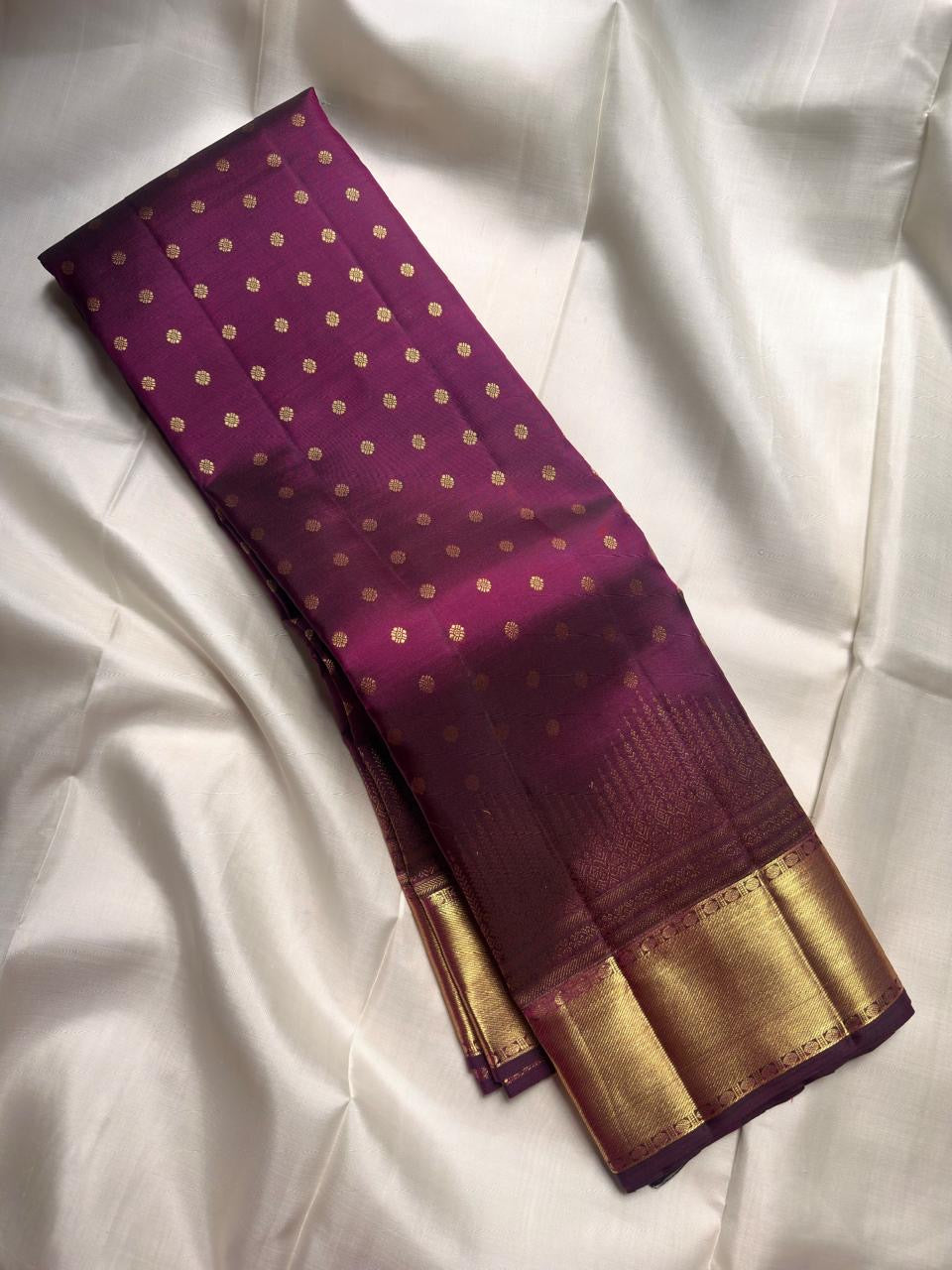 Deep Plum Purple Pure Silk Kanjivaram Butta saree with antique gold zari buttas