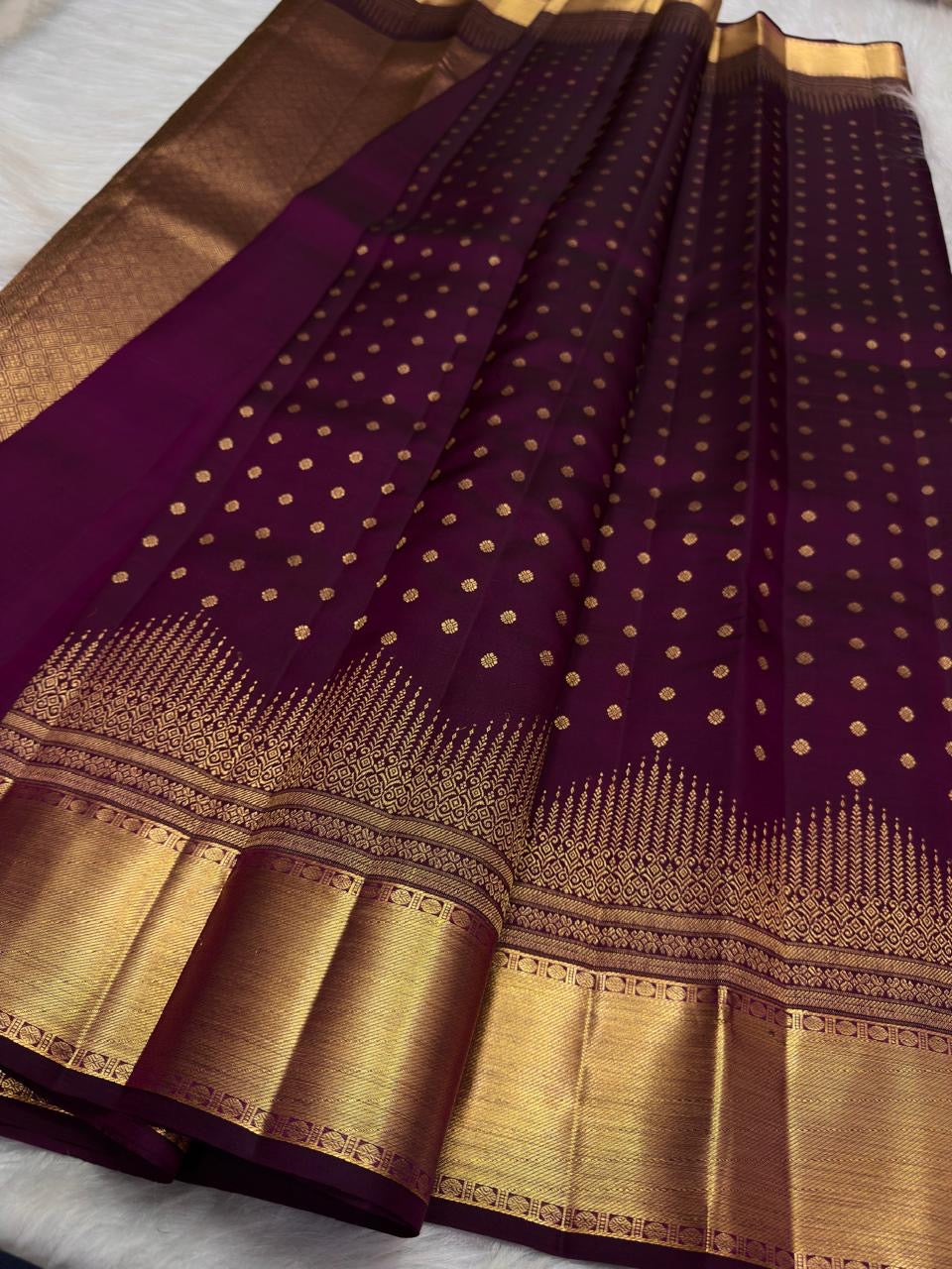 Deep Plum Purple Kanjivaram saree with geometric antique gold zari border