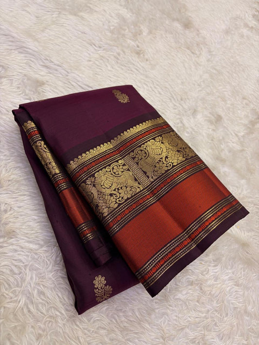 Deep Plum and Rust Handwoven Pure Silk Kanchipuram Saree with Floral Butta and Varisaipet Border