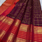 Deep Plum Handwoven Pure Silk Kanchipuram Zari Kattam Saree with Vermilion Elephant Zari Border – silk body weave close-up
