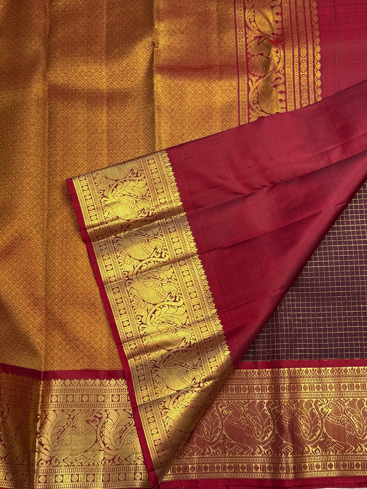 Deep plum-brown handloom silk with fine gold Zari Kattam checks