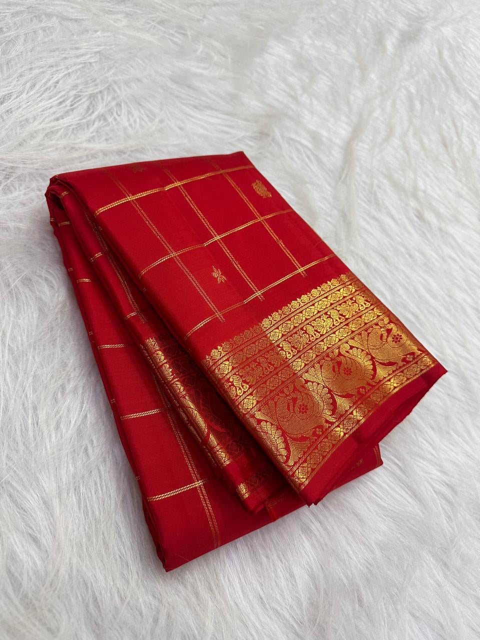 Deep Pomegranate Red Handwoven Pure Silk Kanjipuram Saree with Zari Kattam Checks and Rich Gold Peacock Border