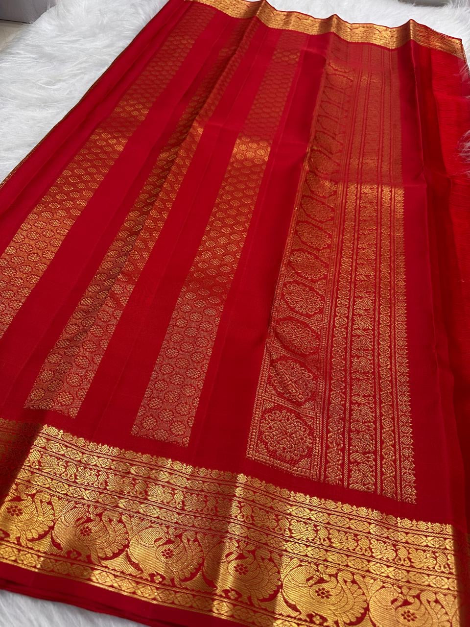 Deep Pomegranate Red Handwoven Pure Silk Kanjipuram Saree with Zari Kattam Checks and Rich Gold Peacock Border