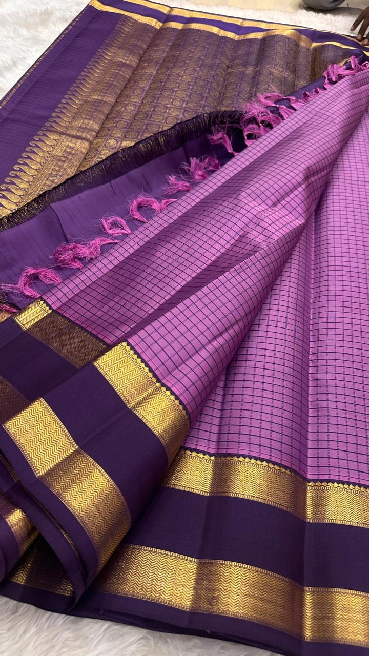 Soft Lilac pure silk Kanjipuram saree — deep purple border