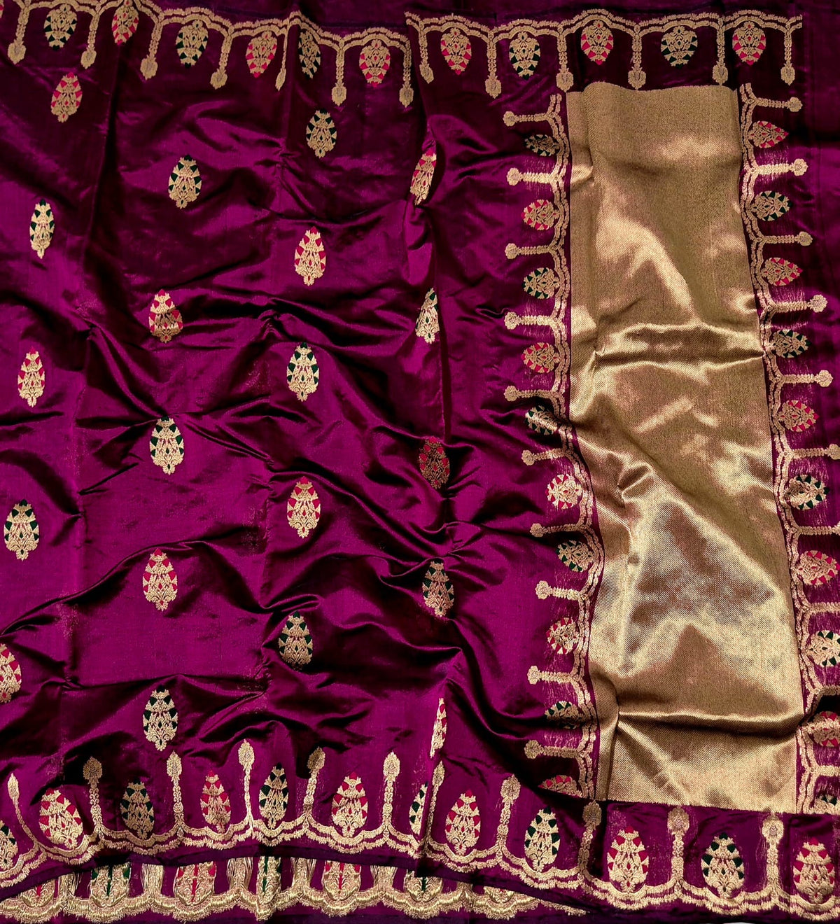 Full Deep Vadamalli Purple Pattu Silk Chanderi saree with detailed border and luminous metallic pallu