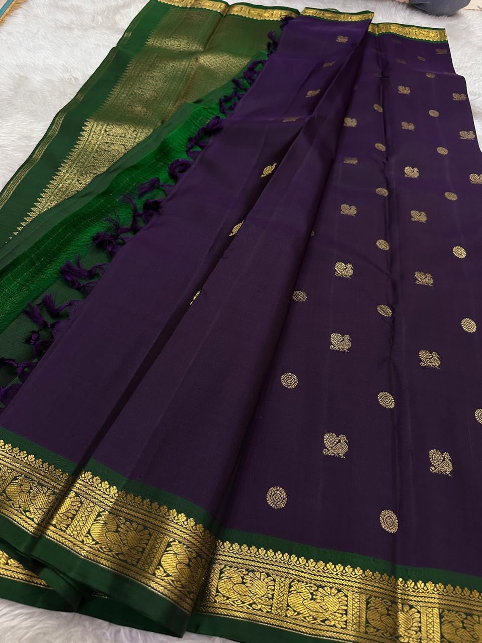 Handwoven purple Kanjivaram saree with 3 gram pure gold zari buttas